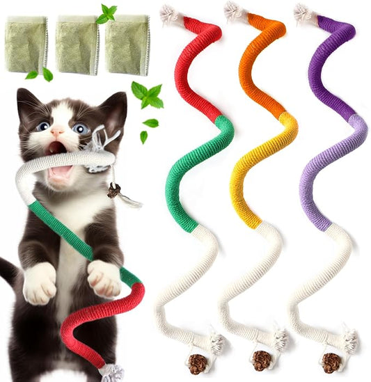 Cat Toys for Indoor Cats, Kitten Toys for Indoor Kittens, Catnip Rope Chew Toys for Teeth Cleaning, Interactive Cat String Toy, Kitty Kicker Toy, 3 Pack (Plus 3 Pouches of Catnip) - PAWPICO