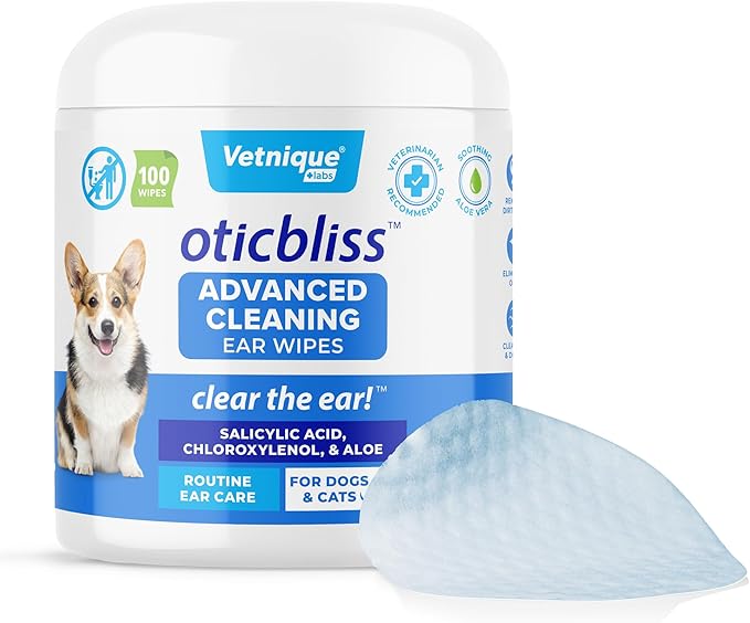 VETNIQUE Oticbliss Advanced Cleaning Ear Wipes for Dogs & Cats for Odor Control, Dirt and Wax Removal with Soothing Aloe Vera, Drying Agent and Vitamin E, Clear the Ear 100ct Wipes VetniqueLabs