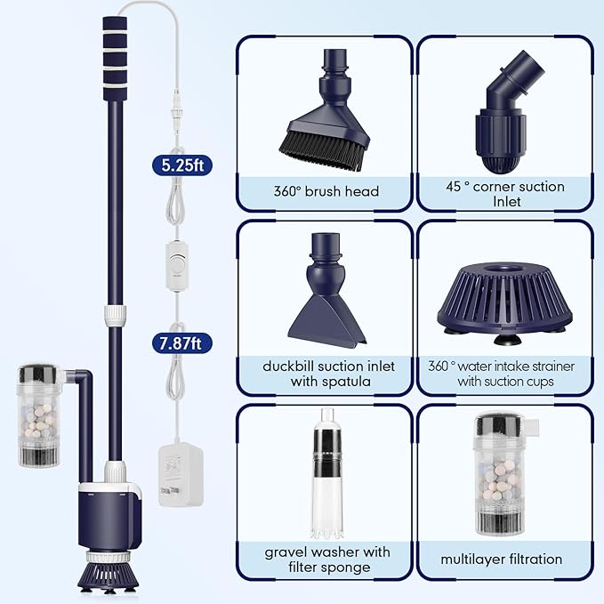 AQQA Fish Tank Cleaner,DC 34W/600GPH Adjustable Water Flow Aquarium Gravel Vacuum,Multi-Filtration Purifies Water Electric Cleaning Kit for Water Change Water Circulation Wash Sand Gravel 110V-240V AQQA