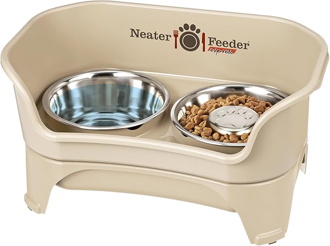 Neater Feeder - Express Model w/ Slow Feed Bowl - Mess-Proof Dog Bowls (M/L, Almond) Made in USA – Elevated, No Spill, Non-Tip, Non-Slip, Raised Stainless Steel Food/Water Pet Bowls Aid Digestion - PAWPICO