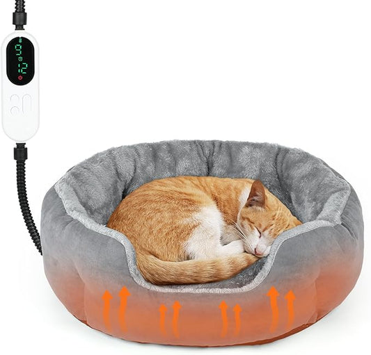 FHTONGE Heated Cat Bed Indoor with Timer and Temp Adjustment, Washable Self Warming Cat Bed Donut with Overheat Protection for Winter, Snuggle Round Cat Bed Cuddler with Electric Heating Pad - PAWPICO