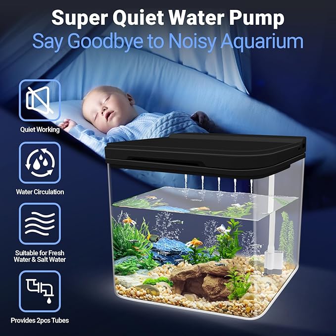 0.8 Gallon Small Fish Tank Kit, Aquarium Starter Kit with Super-Quiet Water Pump, Rain Filtration, Self Cleaning Filtration, LED Light, Easy Changing Water (Black) Moonorange