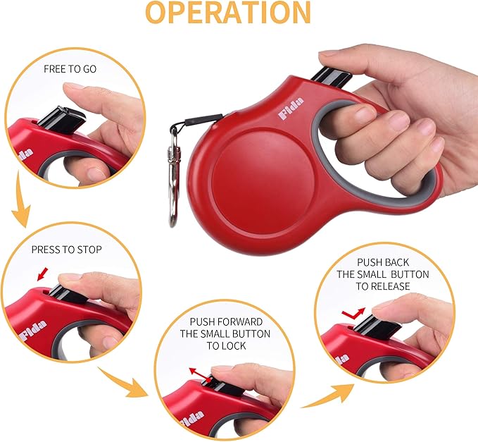 Fida Retractable Dog Leash, 16 ft Dog Walking Leash for Small Dogs up to 26lbs, Tangle Free, Red Fida
