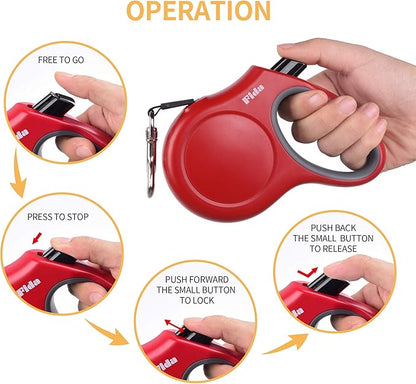 Fida Retractable Dog Leash, 16 ft Dog Walking Leash for Small Dogs up to 26lbs, Tangle Free, Red Fida