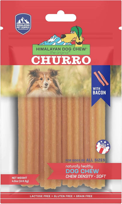 Himalayan Dog Chew Churro Yak Cheese Dog Chews, 100% Natural, Long Lasting, Gluten Free, Healthy & Safe Dog Treats, Lactose & Grain Free, Protein Rich, For All Breeds, Soft, Real Bacon Flavor, 4 Pack - PAWPICO