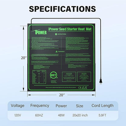 iPower 20" x 20" Warm Hydroponic Seedling Heat Mat and Digital Thermostat Control Combo Set for Seed Germination, Black iPower