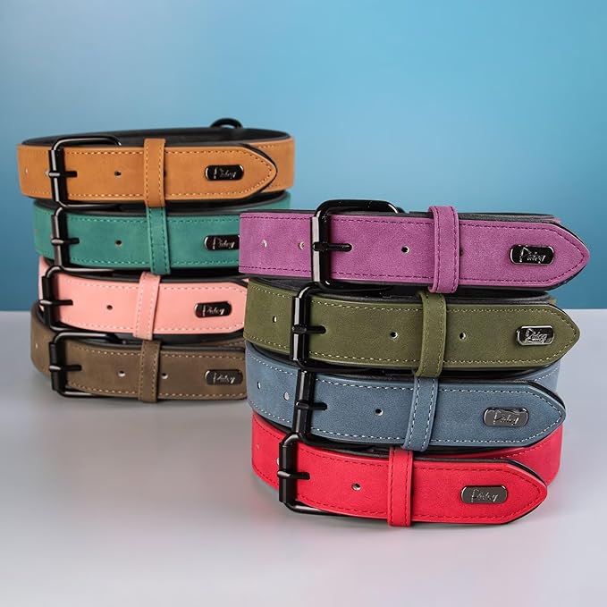 Didog Soft Padded Leather Dog Collar, Breathable Heavy Duty Dog Collar Leather with Adjustable Rust-Proof Metal Buckle for Small Medium Large Dogs, Red Dog Collar, L Didog