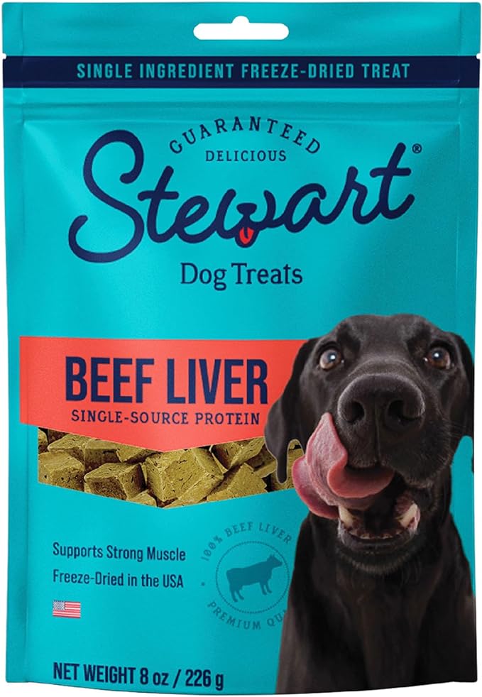 Stewart Freeze Dried Dog Treats, Beef Liver, 8 oz, Grain Free & Gluten Free, Resealable Pouch, Single Ingredient, Training Treat in Beef Liver, Salmon, Chicken Liver & Chicken Breast 4, 14, 21 oz - PAWPICO