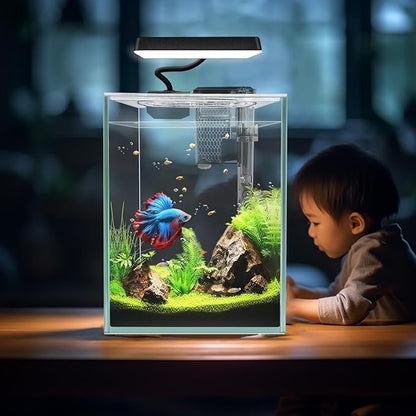 Ultra White Glass Betta Aquarium Starter Kits 1.5 Gallon Small Fish Tank, Betta Fish Tank with LED Light, Power Filter, 4mm Glass iPriro