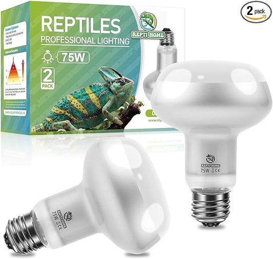 Intense Reptile Heat Lamp Bulbs -2 Pack 75W, Reptiles & Amphibians UVA Basking Spot Lamp Bulb,Simulate Natural Sunlight Reptile Daylight Heat Bulb for Bearded Dragon, Snake REPTIHOME