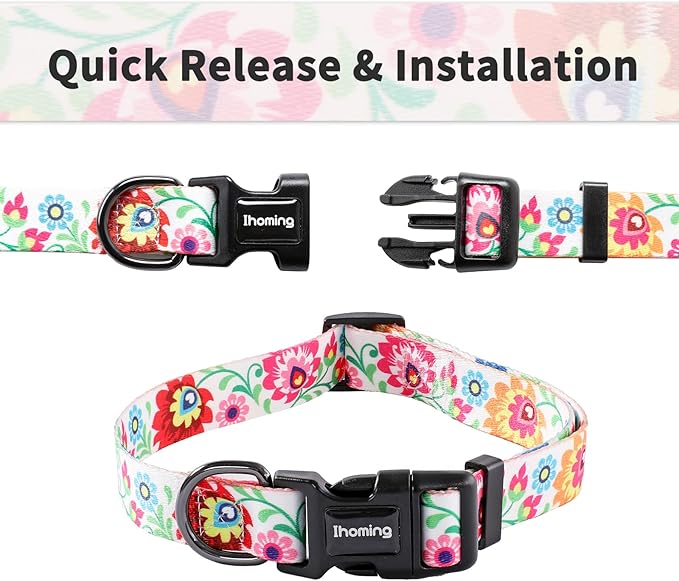 Ihoming Dog Collar and Leash Set for Daily Outdoor Walking Running Training, White Colorful Flowers Design for Large Boys Girls Dogs Cats Pets, L-Up to 80LBS Ihoming