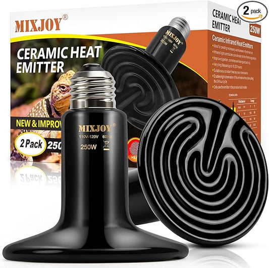 MIXJOY 250W Reptile Heat Lamp 2Pack Ceramic Heat Emitters Reptile Heat Lamp Bulbs, No Light Emitting Ceramic Heat Bulbs for Amphibian Terrarium Reptile Gecko Lizard Bearded Dragon Turtle Chicken Snake MIXJOY