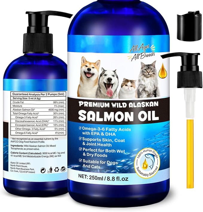 Alaskan Salmon Oil for Dogs, Omega 3 Fish Oil with Natural EPA+DHA Fatty Acids for Skin, Joints, Coat Health, Dog Skin and Coat Fish Oil Liquid Supplement, All Ages All Breeds 8.8fl.oz. FANGCUN