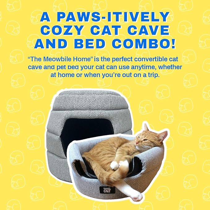 Travel Cat Meowbile Indoor Cat House - 25x18x17 inches Premium Convertible and Durable Hideaway Cat Bed and Cave - Soft Gray Collapsible and Easy to Clean, Padded, Comfortable and Cozy Cat Bed Cave - PAWPICO