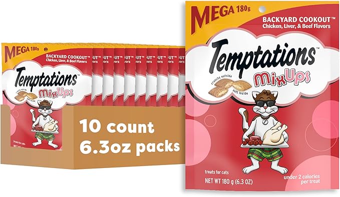 Temptations MixUps Backyard Cookout Flavor Crunchy and Soft Cat Treats, 6.3 oz. Pouch (Pack of 10) Temptations