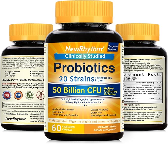 NewRhythm Probiotics 50 Billion CFU 20 Strains, 120 Veggie Capsules, Targeted Release Technology, Stomach Acid Resistant, No Need for Refrigeration, Non-GMO, Gluten Free NewRhythm