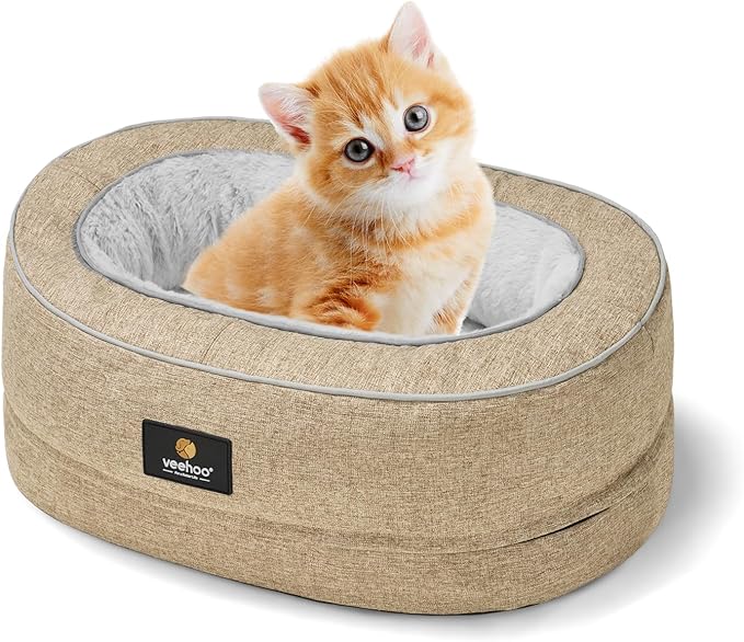 Veehoo Cat Bed for Kitten, Anti-Anxiety Donut Pet Bed with Removable Washable Cover, Indoor Oval Orthopedic Cat Bed with Egg Crate Foam Support & Non-Slip Bottom 19.7" x 15" Beige Coffee - PAWPICO
