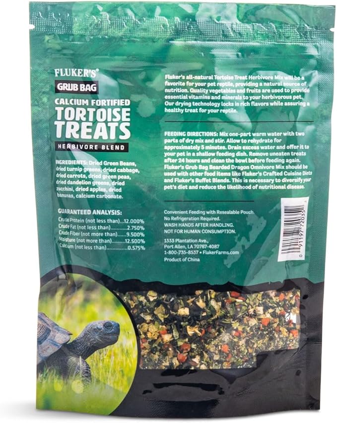 Fluker's Grub Bag Calcium Fortified Tortoise Treats, All Natural Herbivore Blend Fruits and Vegetables, for Tortoise and Herbivore Pets, 4 oz Flukers
