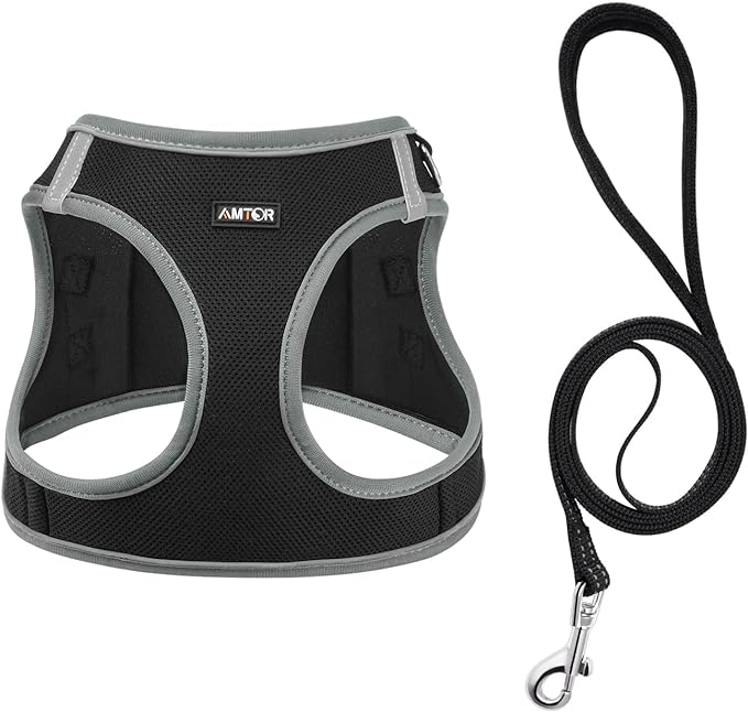 AMTOR Small Dog Harness with Leash Set, No Escape Easy Walk Puppy Harnesses for Training Walking, Step-in Reflective Soft Dogs Vest for XS S Medium Extra-Small Large Sized Dog(Black/Grey) AMTOR