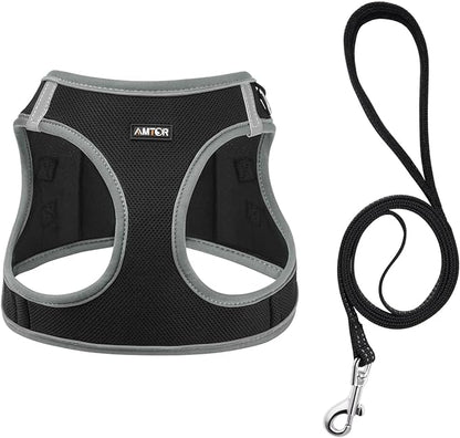 AMTOR Small Dog Harness with Leash Set, No Escape Easy Walk Puppy Harnesses for Training Walking, Step-in Reflective Soft Dogs Vest for XS S Medium Extra-Small Large Sized Dog(Black/Grey) AMTOR