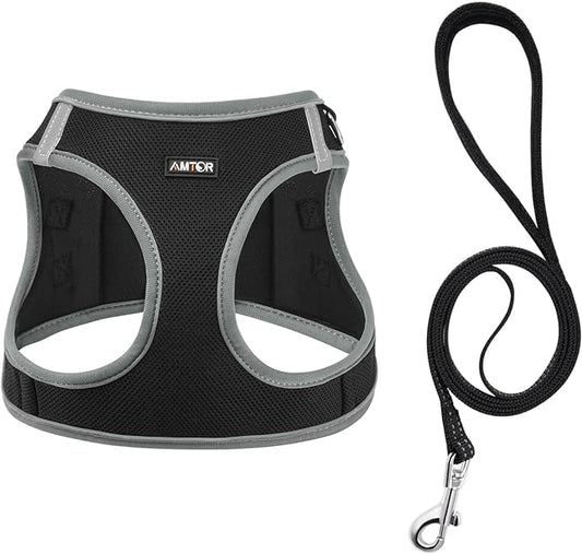 AMTOR Small Dog Harness with Leash Set, No Escape Easy Walk Puppy Harnesses for Training Walking, Step-in Reflective Soft Dogs Vest for XS S Medium Extra-Small Large Sized Dog(Black/Grey) AMTOR