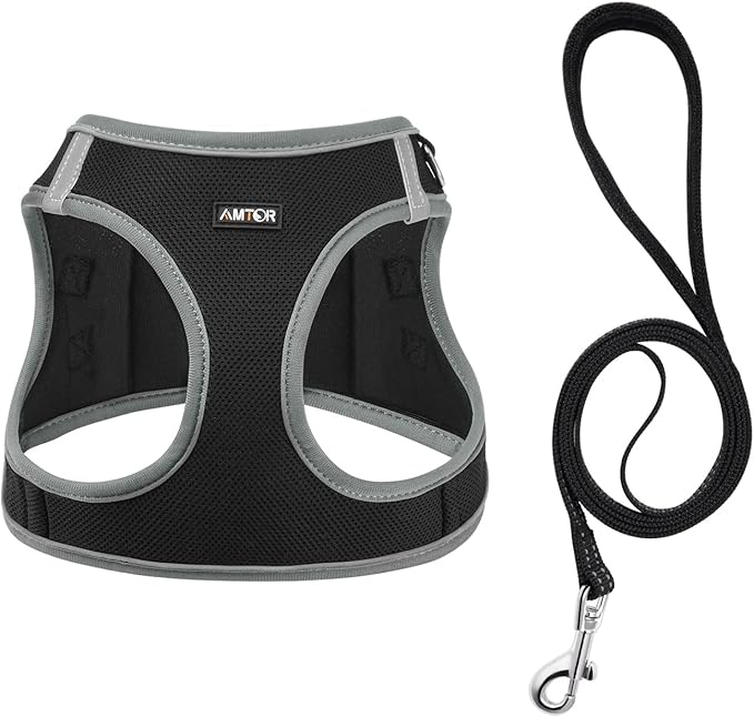 AMTOR Small Dog Harness with Leash Set, No Escape Easy Walk Puppy Harnesses for Training Walking, Step-in Reflective Soft Dogs Vest for XS S Medium Extra-Small Large Sized Dog(Black/Grey) AMTOR