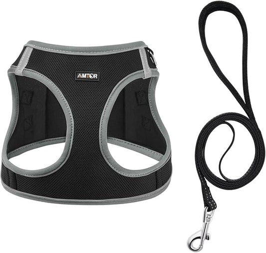 AMTOR Small Dog Harness with Leash Set, No Escape Easy Walk Puppy Harnesses for Training Walking, Step-in Reflective Soft Dogs Vest for XS S Medium Extra-Small Large Sized Dog(Black/Grey) AMTOR