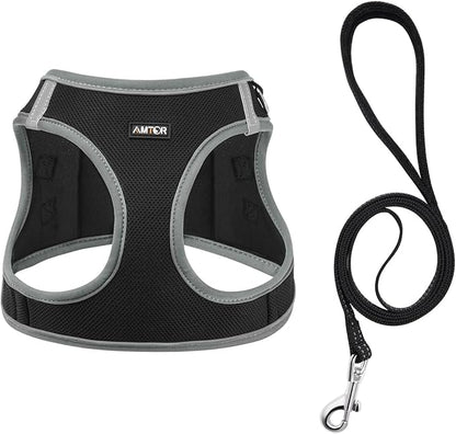 AMTOR Small Dog Harness with Leash Set, No Escape Easy Walk Puppy Harnesses for Training Walking, Step-in Reflective Soft Dogs Vest for XS S Medium Extra-Small Large Sized Dog(Black/Grey) AMTOR