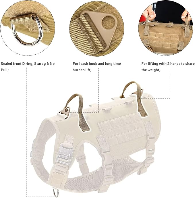 Forestpaw Tactical Dog Harness for Large Dogs,Tactical Dog Collar with Bungee Leash Set,No Pull Military Dog Harness for Dog Walking Training,Adjustable for Medium Large Dogs,Khaki S Forestpaw