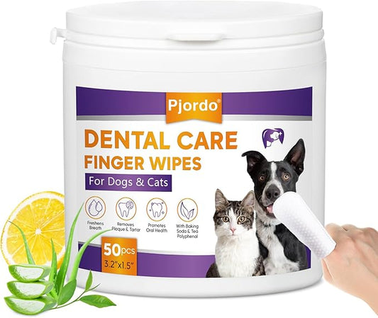 Teeth Cleaning Wipes for Dogs & Cats, Dental Care Finger Wipes, Remove Plaque, Tartar & Bad Breath, Disposable Gentle Cleaning & Gum Care Pet Wipes, No-Rinse Dog Finger Toothbrush, 50 Counts Pjordo