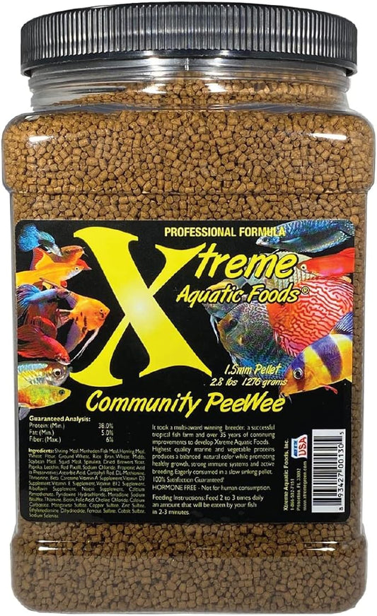 Xtreme Community Peewee 1.5mm Pellets: Slow Sinking & Ideal for Community Fish - Boosts Immune & Digestive Health, Enhances Color & Energy, Max Protein Fish Food – USA Farm Grown (38oz) XtremeAquaticFoods