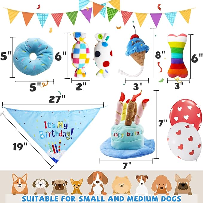 Dog Birthday Toy Set, 9Pcs Plush Pet Toy for Small Dogs, Includes Squeaky Cake Hat, Bandana, Dessert Themed Toys, Balloons, for Dog Birthday Party - PAWPICO