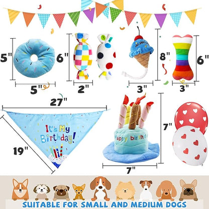 Dog Birthday Toy Set, 9Pcs Plush Pet Toy for Small Dogs, Includes Squeaky Cake Hat, Bandana, Dessert Themed Toys, Balloons, for Dog Birthday Party - PAWPICO