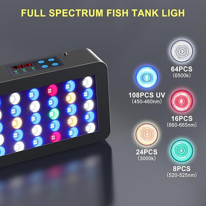 Phlizon Timer Control Dimmable 165W LED Aquarium Light with Temperature Monitor Full Spectrum Fish Tank Light for Grow Coral Reef Marine Fish Tank LPS/SPS Phlizon