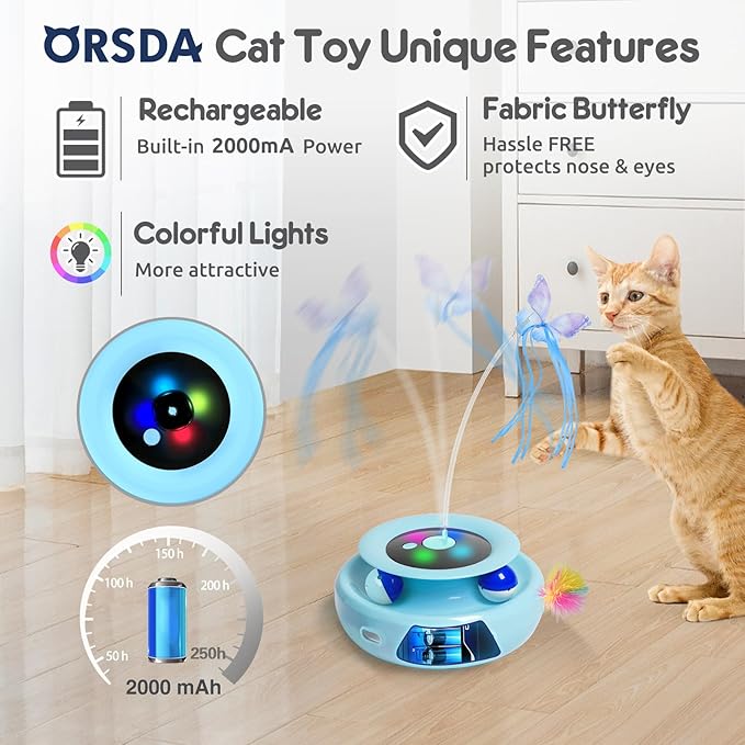 ORSDA Cat Toy, 3-in-1 Automatic Cat Toys for Indoor Cats, Electronic Whack a Mole, Fluttering Butterfly,Track Balls Kitten Toy, Rechargeable Power Interactive Feather Toys for All Breeds - PAWPICO