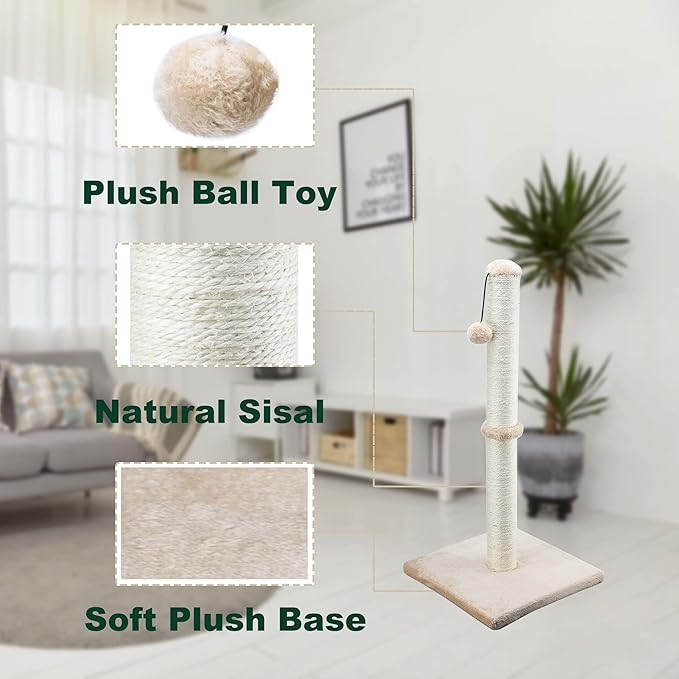 Dimaka 29" Tall Cat Scratching Post, Claw Scratcher with Sisal Rope and Covered with Soft Smooth Plush, Vertical Scratch [Full Strectch], Modern Design 29 Inches Height (Brown) - PAWPICO