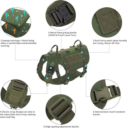 Forestpaw Tactical Dog Harness for Large Dogs,Tactical Dog Collar with Bungee Leash Set,No Pull Military Dog Harness for Dog Walking Training,Adjustable for Medium Large Dogs,Green S Forestpaw