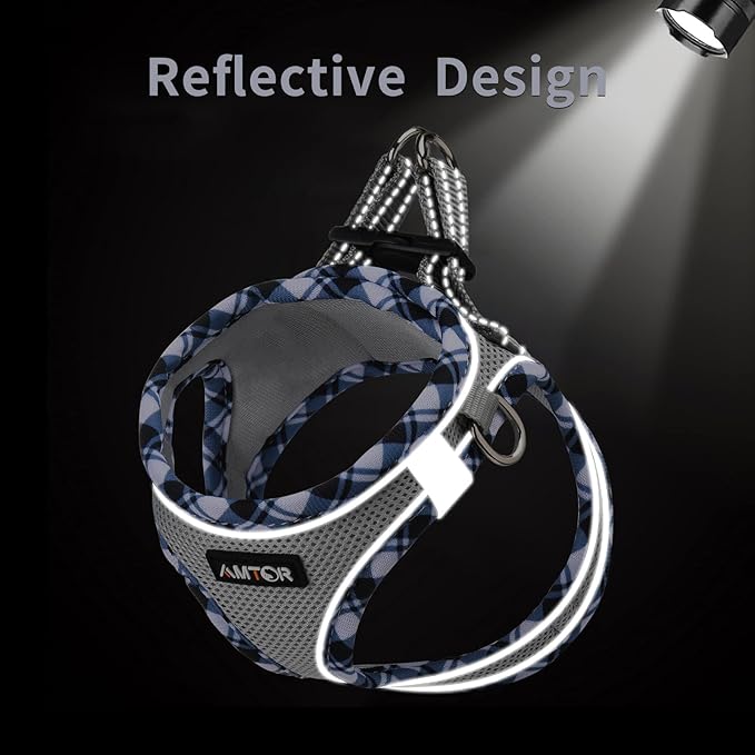 AMTOR Small Dog Harness with Leash Set, No Escape Easy Walk Puppy Harnesses for Training Walking, Step-in Reflective Soft Dogs Vest for XS S Medium Extra-Small Large Sized Dog(Grey) AMTOR