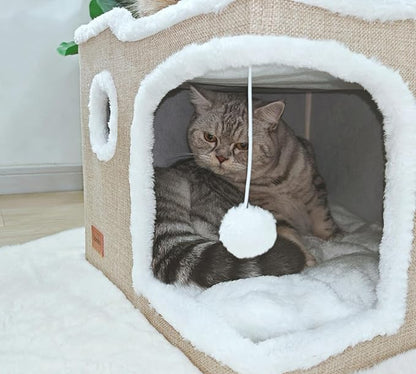 Large Cat Bed for Indoor Cats, Foldable Adult Cat Cave Anti Anxiety Cat House Cube with Scratch Pad Cat Towers, Cute Kitten Condo Hideaway Hut with Soft Pillow Mat for 2 Pets Under 30 lbs Kaki - PAWPICO