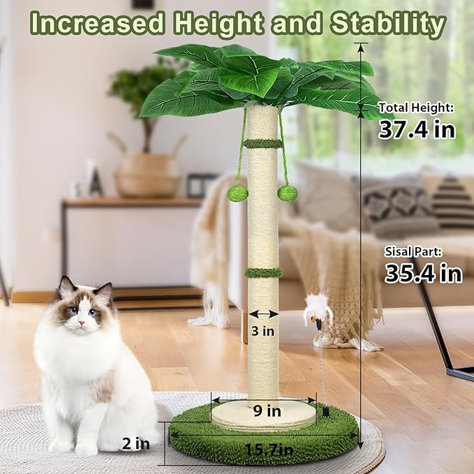 Cat Scratching Post, 37.4 Inch Tall Scratching Posts for Indoor Cats, Sisal Rope Scratching Post with Hanging Ball, Cat Scratcher Post for Large Cat & Kitten with Feather Toy - PAWPICO