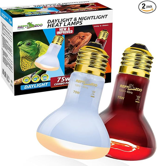 REPTIZOO 75W Reptile Heat Lamp Combo Pack, 2PCS Day & Night Basking Spot Light, UVA Daylight Heating Lamp Basking Bulb and Infrared Heat Emitter Red Heat Lamp REPTIZOO