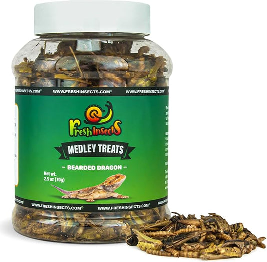 Medley Treat Bearded Dragon Food - Freeze Dried Mealworms, Grasshoppers, Crickets, Quality Tested, Vitamin & Calcium Enriched, Essential Proteins, Fats & Minerals - for Bearded Dragons, Reptiles 6 oz Freshinsects