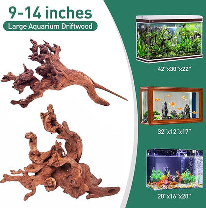 WDEFUN Natural Driftwood for Aquarium Decor, 2-Piece 10''-14'' Large Driftwood for Decorations on Fish Tank, Reptiles Bearded Dragon Accessories or Air Plants WDEFUN