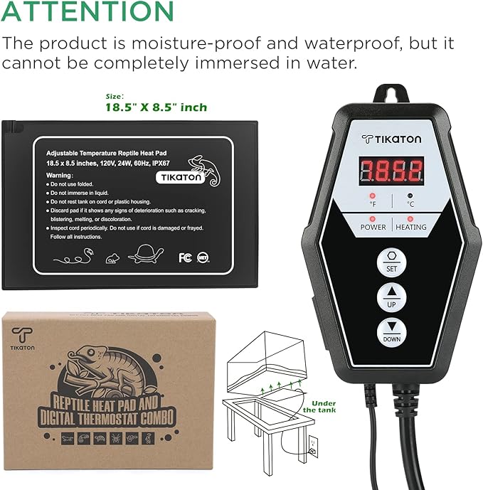Tikaton Reptile Heating Pad and Digital Thermostat Combo Set, Under Tank Heater for 10-20gal/30-40gal Tank, Terrarium Heat Mat for Turtle/Snake/Lizard/Frog/Spider/Plant Box Tikaton