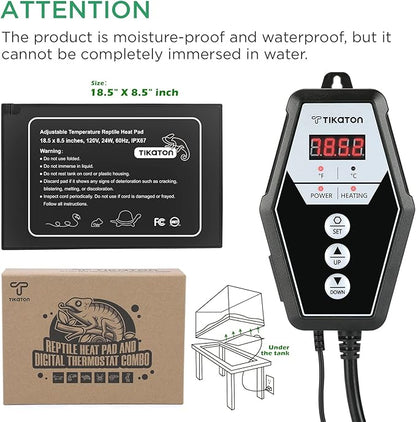 Tikaton Reptile Heating Pad and Digital Thermostat Combo Set, Under Tank Heater for 10-20gal/30-40gal Tank, Terrarium Heat Mat for Turtle/Snake/Lizard/Frog/Spider/Plant Box Tikaton