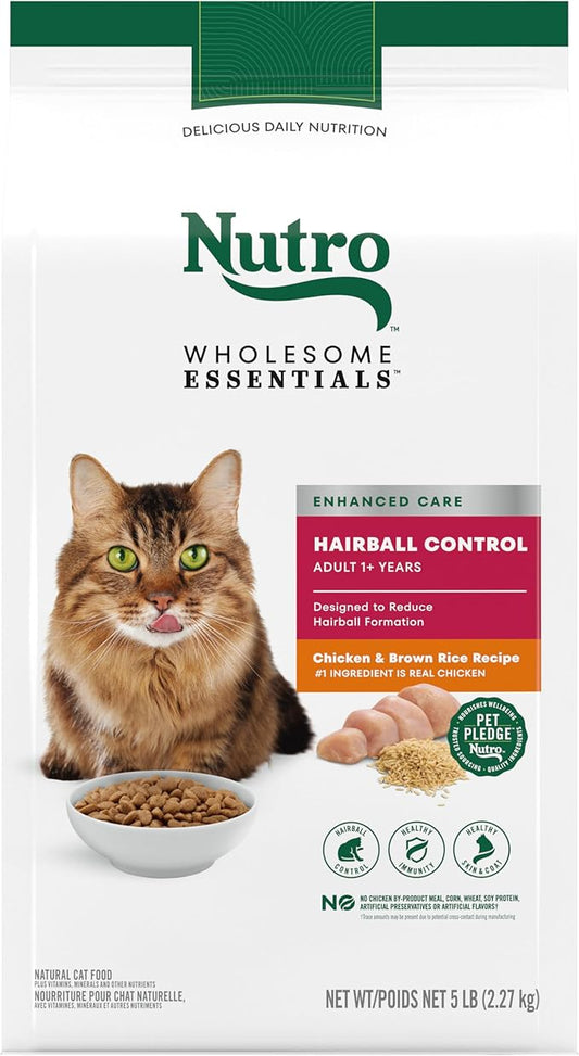 NUTRO WHOLESOME ESSENTIALS Natural Dry Cat Food, Hairball Control Adult Cat Chicken & Brown Rice Recipe Cat Kibble, 5 lb. Bag - PAWPICO