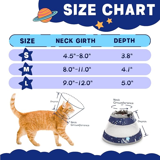 Cat Cone, Breathable Cat Cone Collar Soft, Adjustable Cat Cone to Stop Licking, Water Resistant Neck Cone for Cats with Air Mesh, Protective Cat Recovery E Collar for Cat Kitten（Star,L GoGoPaw