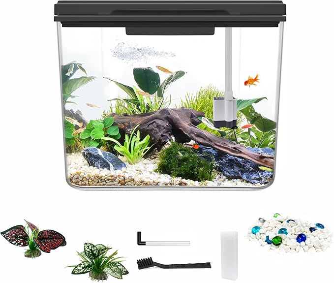 Mini Fish Tank Kit 0.8 Gallon, Aquarium Starter Kit with Super-Quiet Water Pump, Dual Rain Filtration, Self Cleaning Function, Shatter-Resistant & Leak-Proof Base (Black) Moonorange