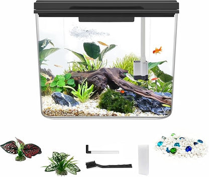 Mini Fish Tank Kit 0.8 Gallon, Aquarium Starter Kit with Super-Quiet Water Pump, Dual Rain Filtration, Self Cleaning Function, Shatter-Resistant & Leak-Proof Base (Black) Moonorange