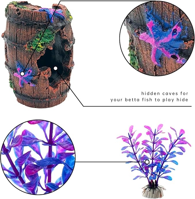 Faeshoo Fish Tank Decoration Betta Fish Tank Decorations Accessories for Aquarium Tank, Starfish Barrel x 1pc, Aquatic Plants x 4pcs Bazayona